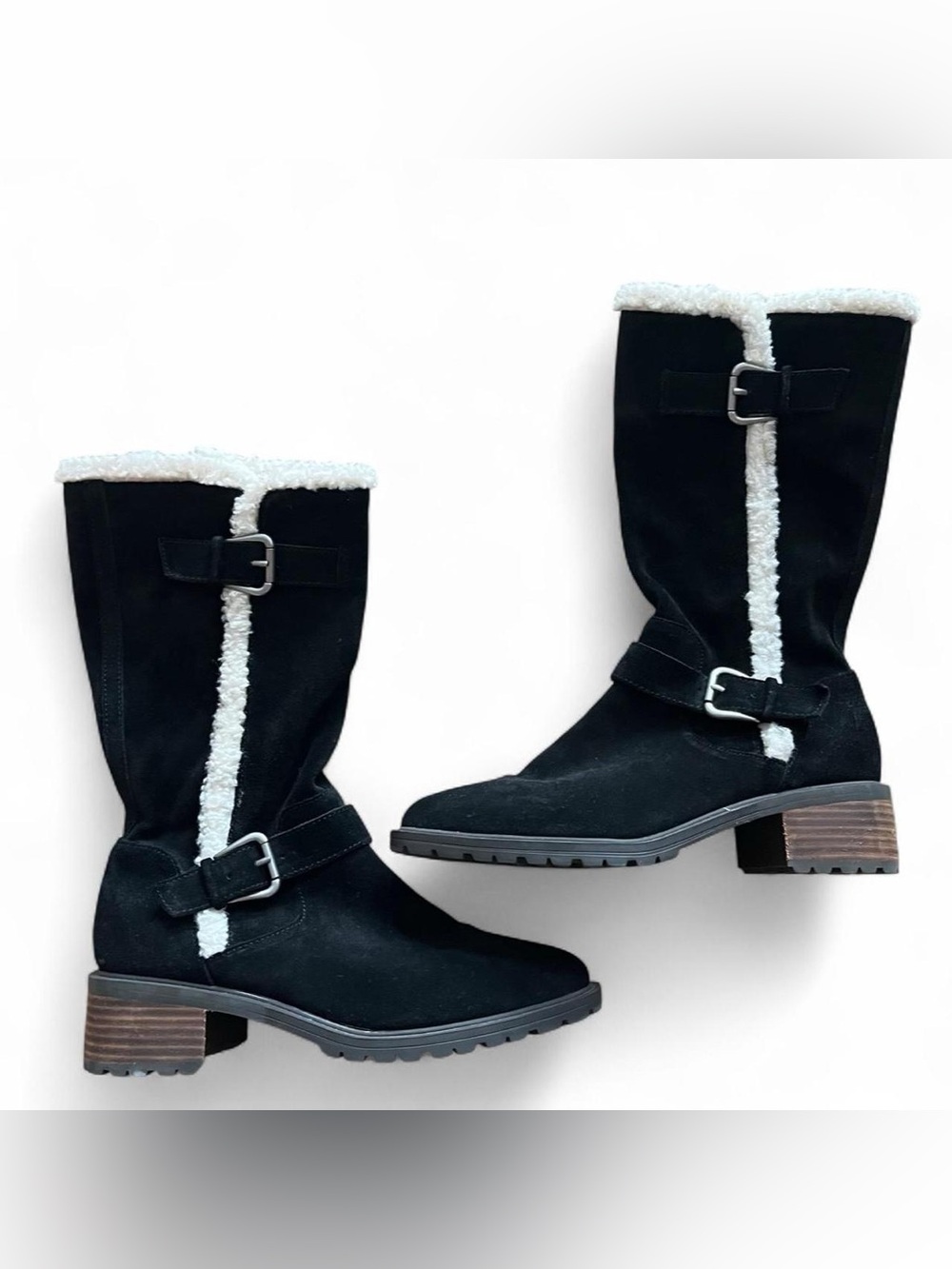 Lucky Brand Jacoba Black Suede Faux Sherpa Trim Heeled Boots